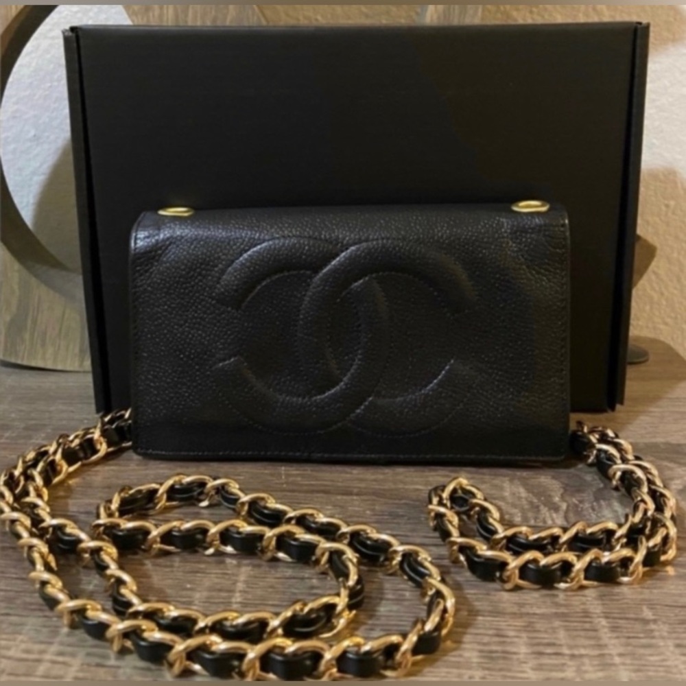 🖤⚜️Chanel Wallet Chain Wristlet Option Caviar Leather Black Gold Crossbody